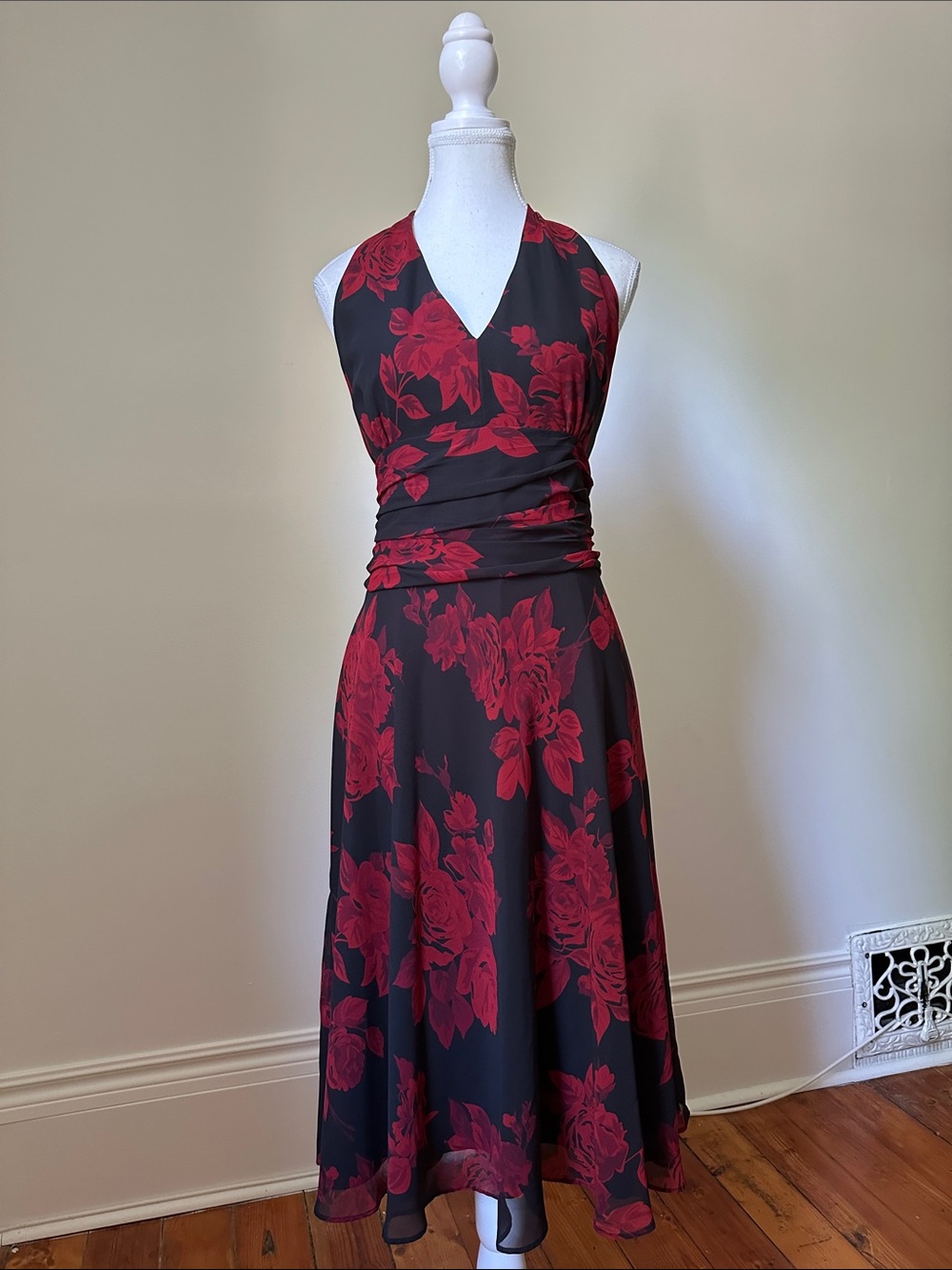 JESSICA Y2K Rose Print Whimsigoth Halter Neck Wedding Prom Midi Dress Sz 12